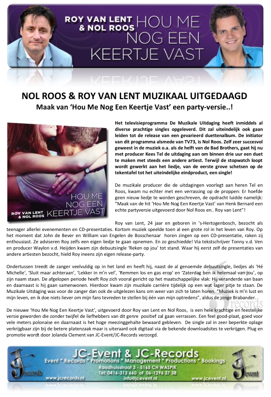 Persbericht Roy van Lent & Nol Roos - Hou me nog een keertje vast